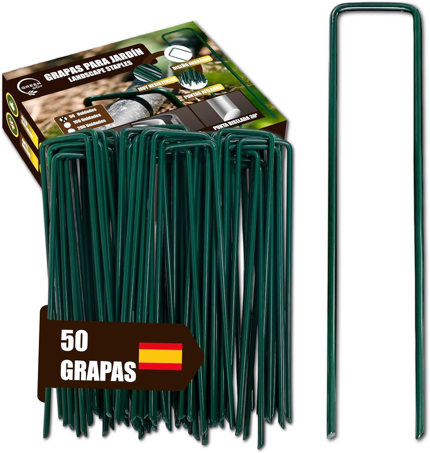 GREEN GOF Grapas Verdes Para Cesped Artificial, Malla Antihierba Y Jardin, 50unds. Acero Galvanizado, 15x4cm, Ø3mm._0