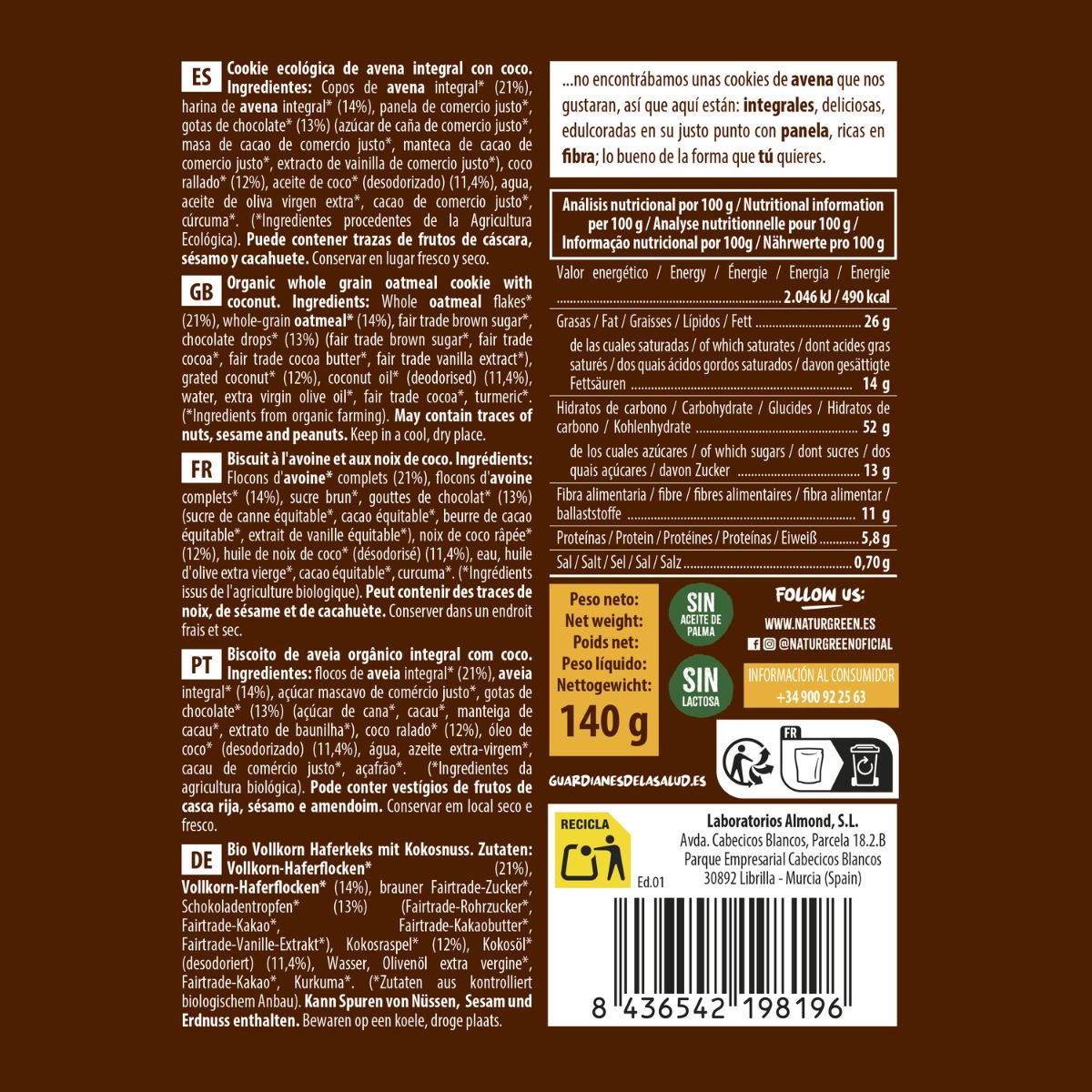 Biscoito de Aveia Integral com Coco Biológico NaturGreen 140 g
