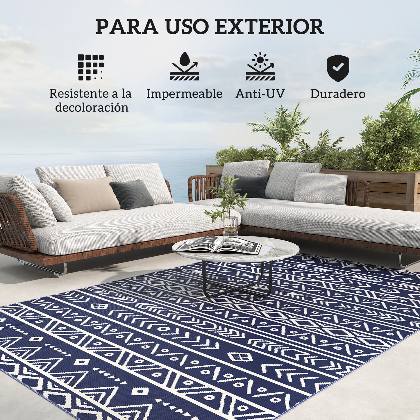Outsunny Alfombra De Exterior 182x274 Cm Con Patrón De Geométrico Azul_5