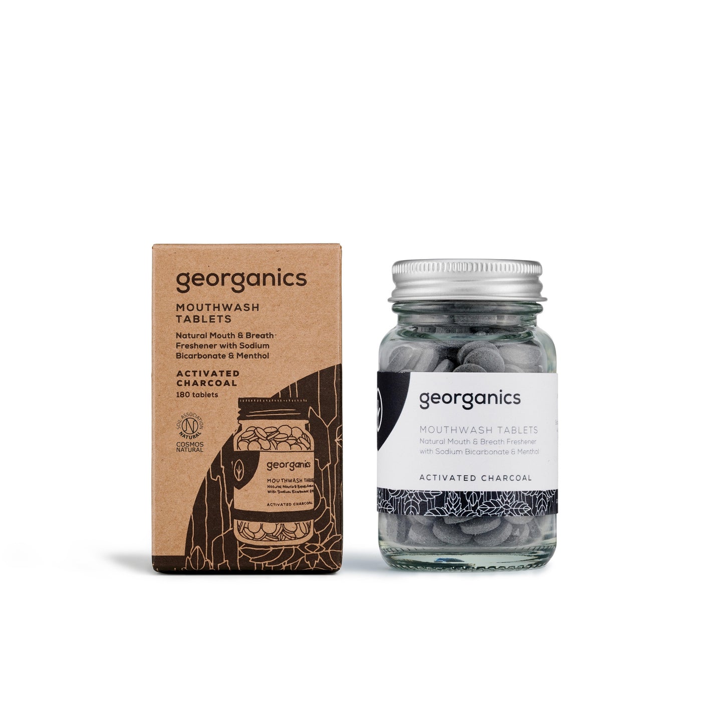 Georganics Comprimidos de elixir bucal com sabor a carvão ativado e menta, 180 comprimidos