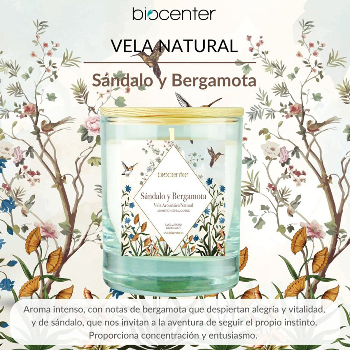 Vela Natural de Sândalo e Bergamota - cera vegetal e óleos essenciais, 200 gr
