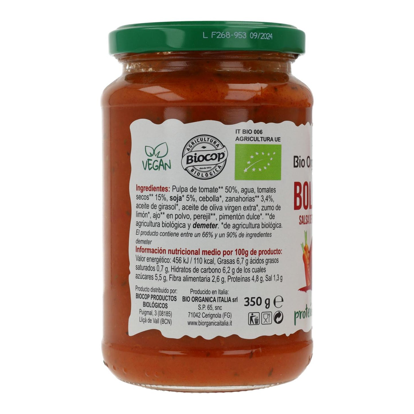 Molho de Tomate Vegan à Bolonhesa Bio Demeter Organica Italia 350 ml