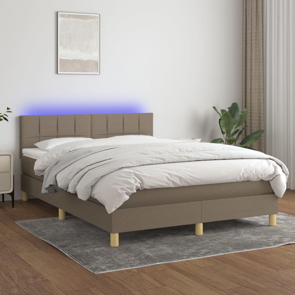 Cama Box Spring Colchón Y Luces Led Tela Gris Taupe 140x190 Cm / Vetonek_5