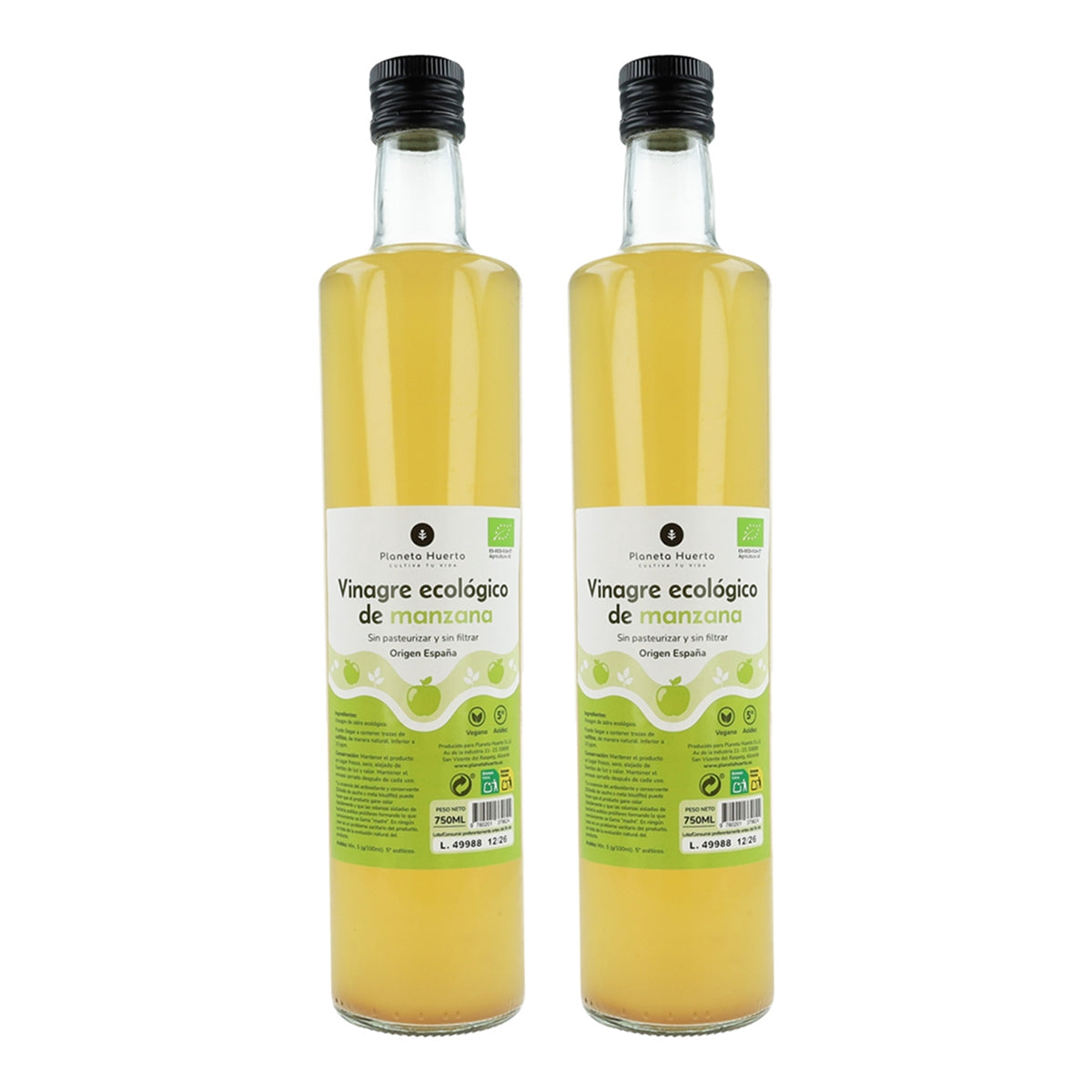 Embalagem de 2 vinagres de maçã biológicos não filtrados da Planeta Huerto, 750 ml.