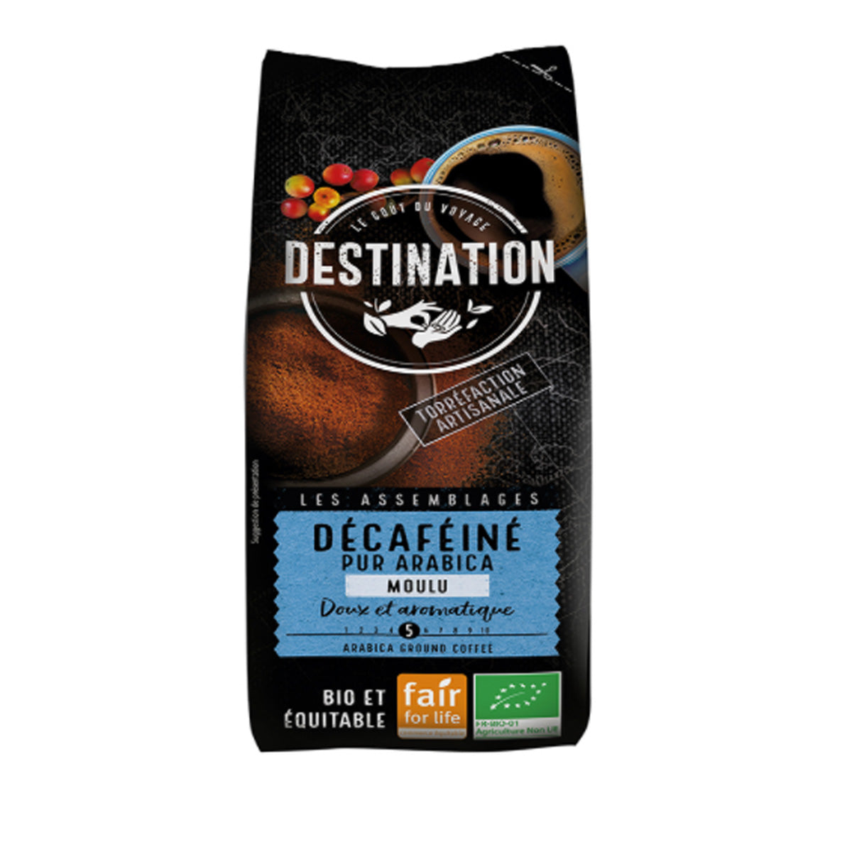 Café moído descafeinado suave 100% arábica biológico Destination 250g