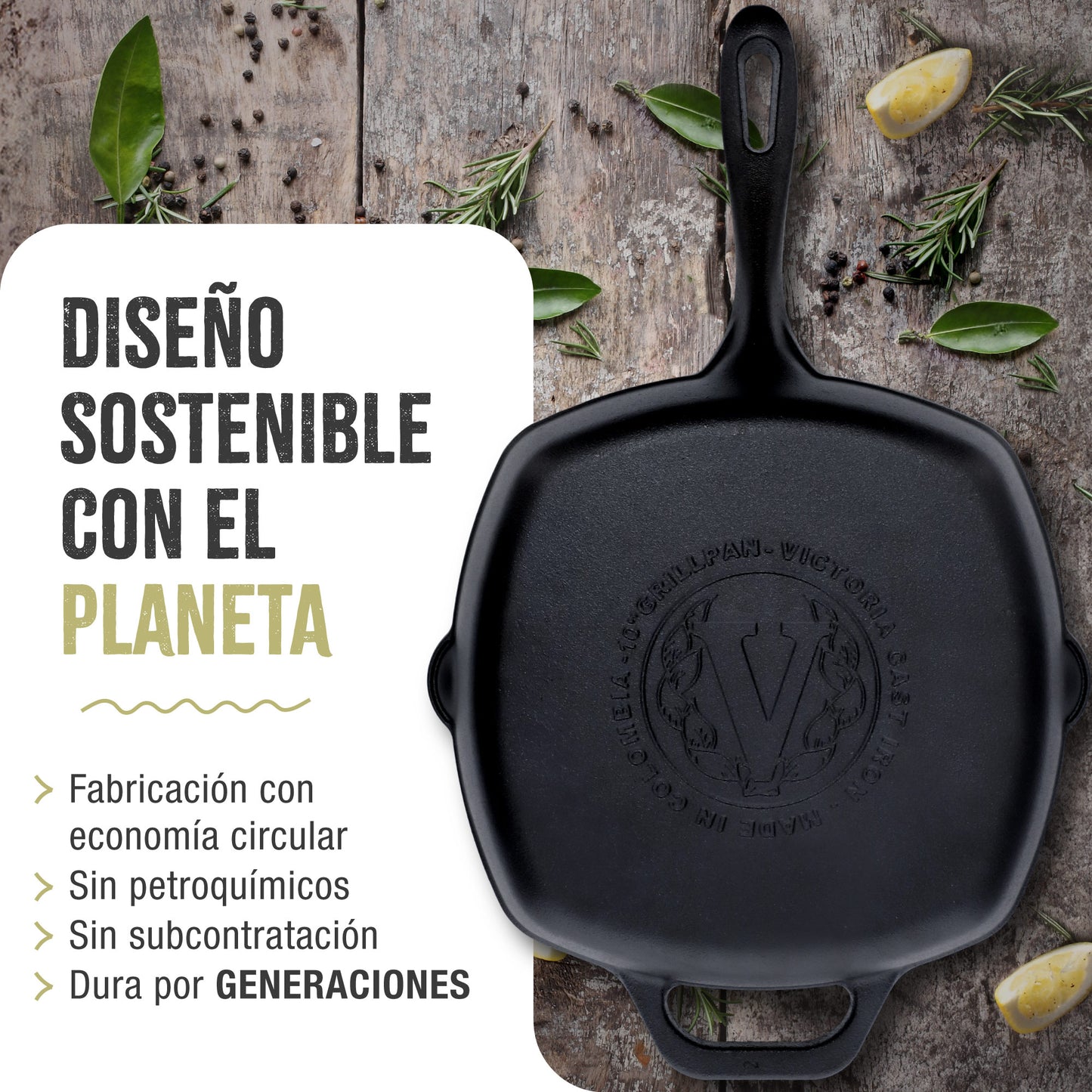 Victoria Sartén Grill Hierro Fundido Esmaltado Inducción 25x25cm Apta Fuego Barbacoa, Cast Iron Skillet, 39561, Negro_5
