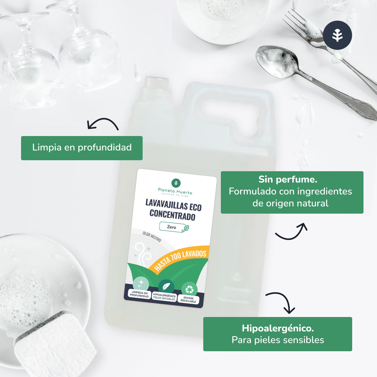 Máquina de lavar louça manual hipoalergénica, sem fragrância, Eco Planeta Huerto 5l