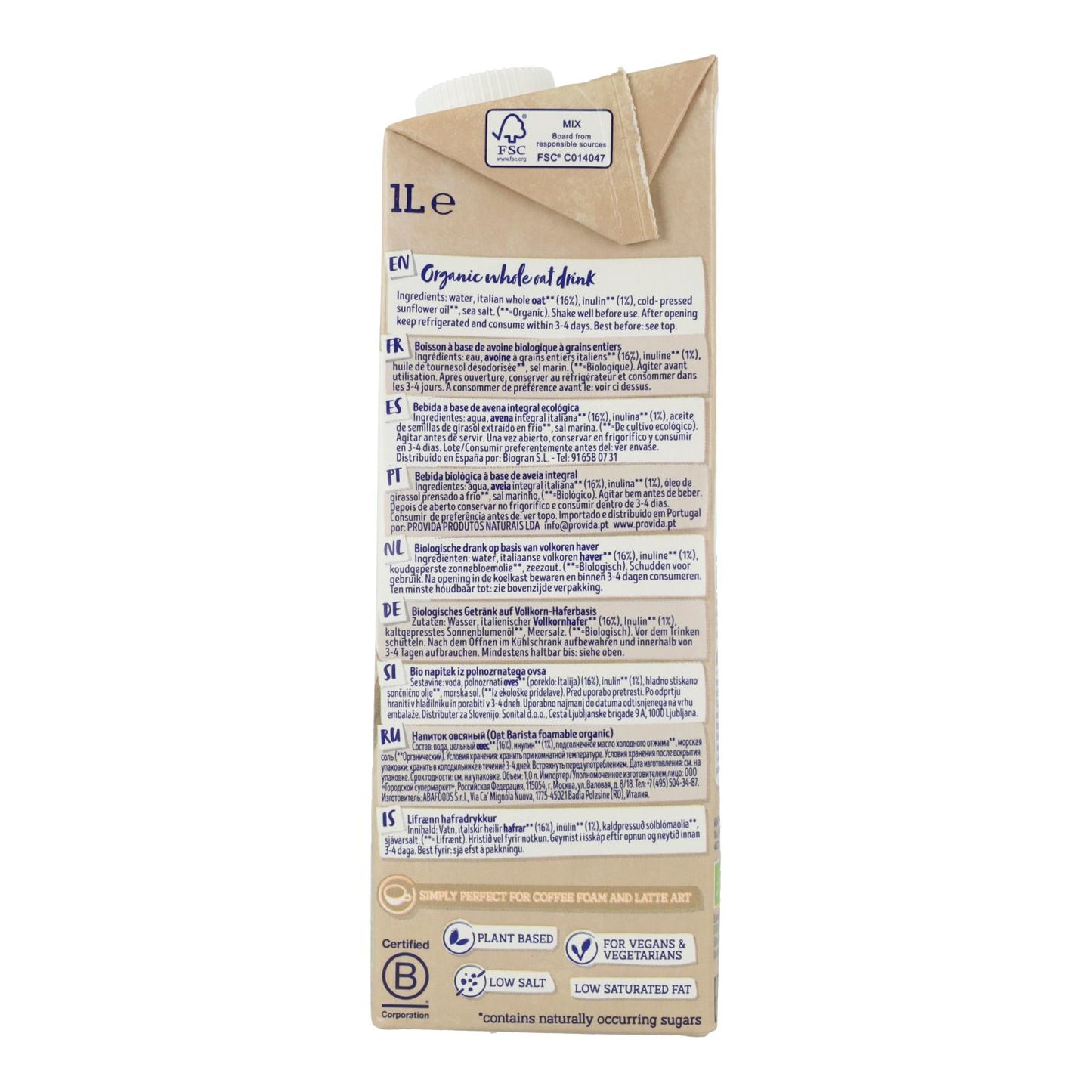 Pack de 6 Bebidas de Aveia Bio Isola Barista BIO, 1L