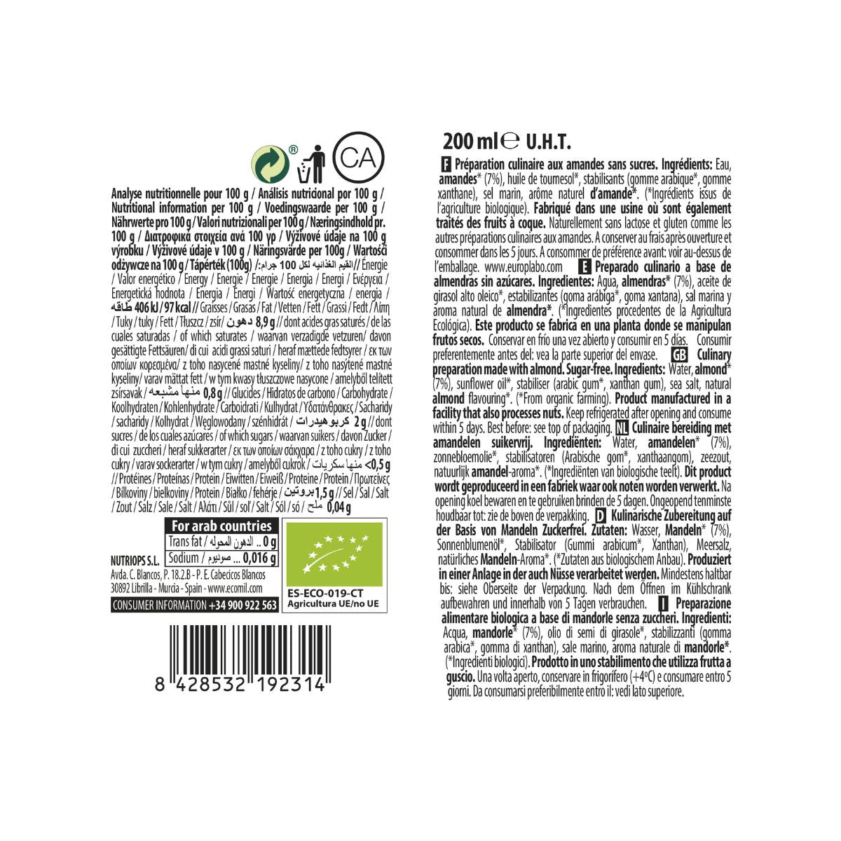 Creme Vegetal de Amêndoa sem Açúcar Bio Cuisine Nature Ecomil 200 ml