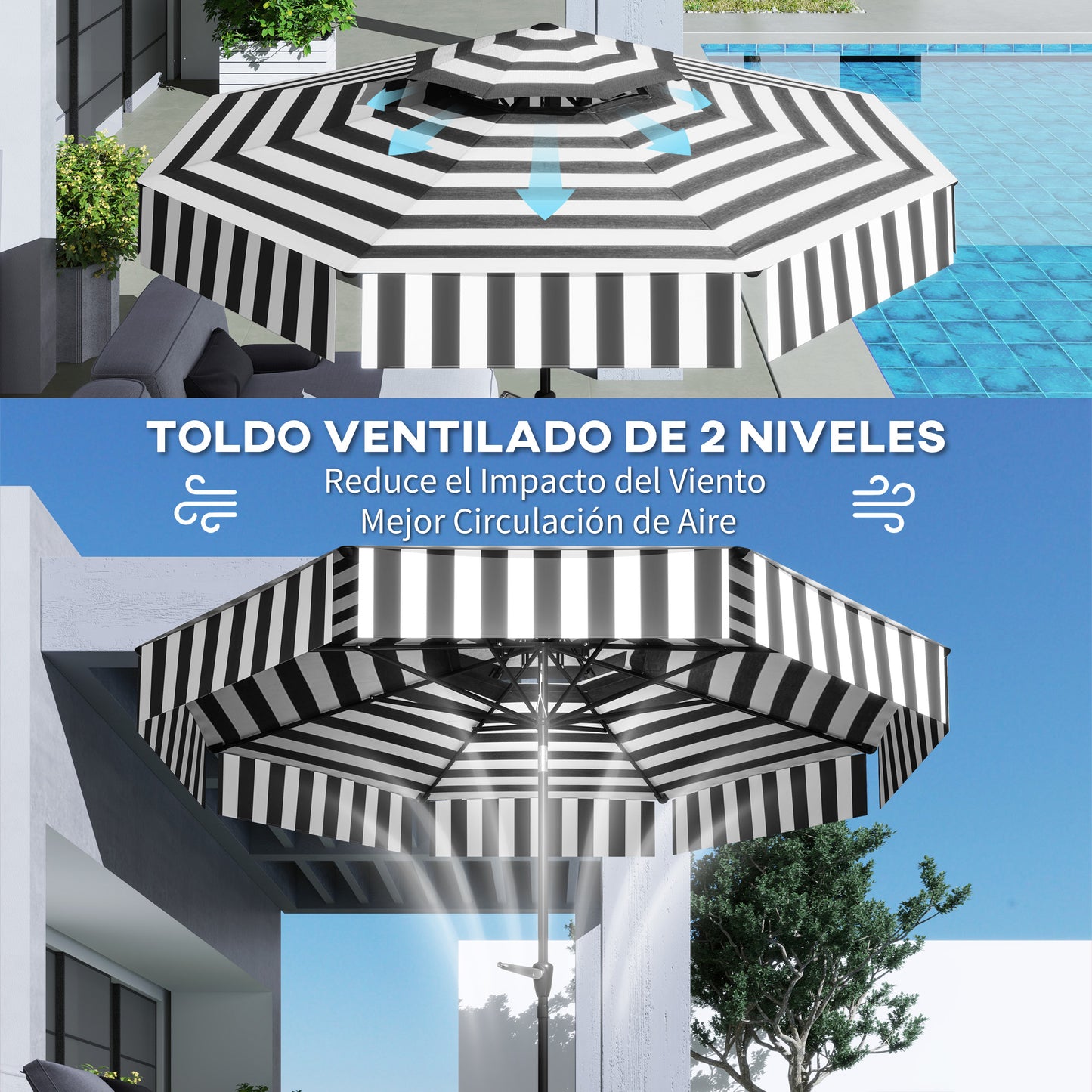 Outsunny Sombrilla Terraza Exterior Ø263 Cm Con Ángulo Ajustable Negro Y Blanco_5