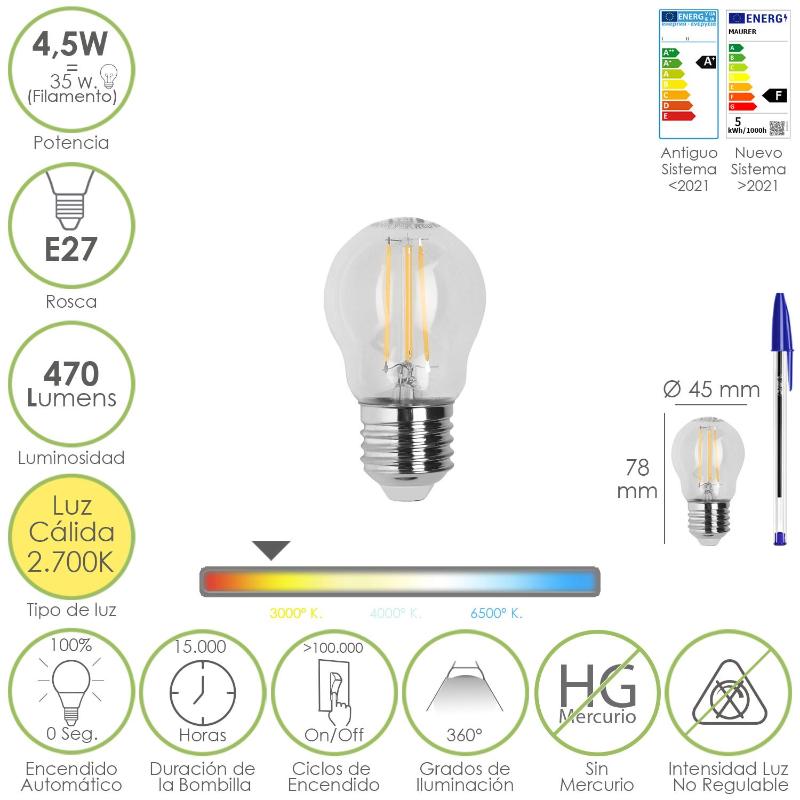 Bombilla Led Filamento Esfera Rosca E27. 4,5 Watt. Equivale A 35 Watt. 470 Lumenes. Luz Calida 2700º K._0