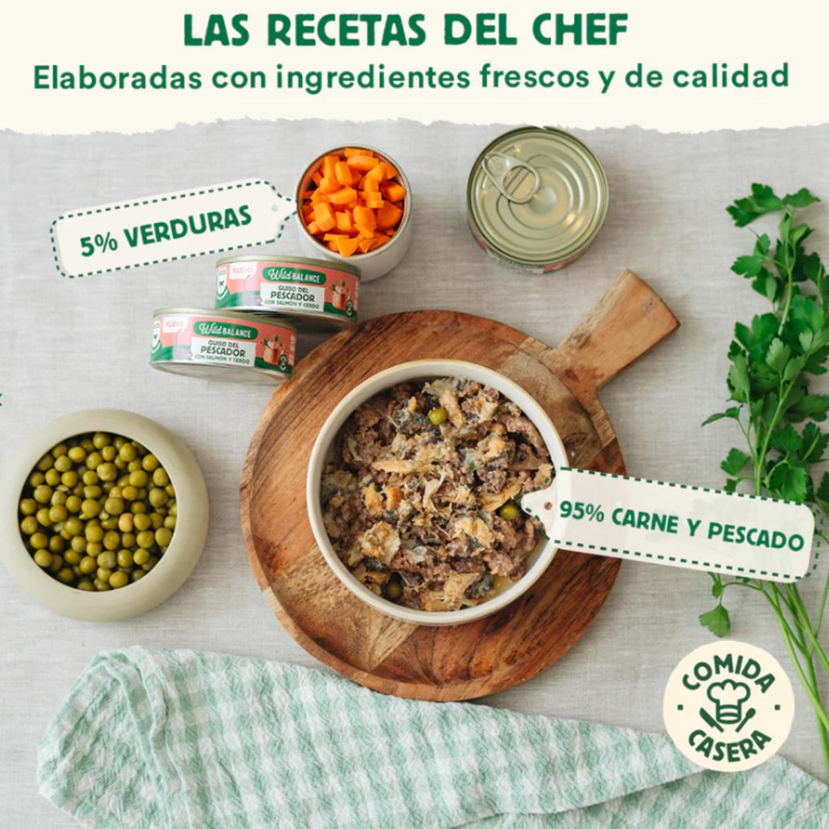 Lata cheia de ensopado de pescador Wild Balance com salmão e porco para gatos 80g
