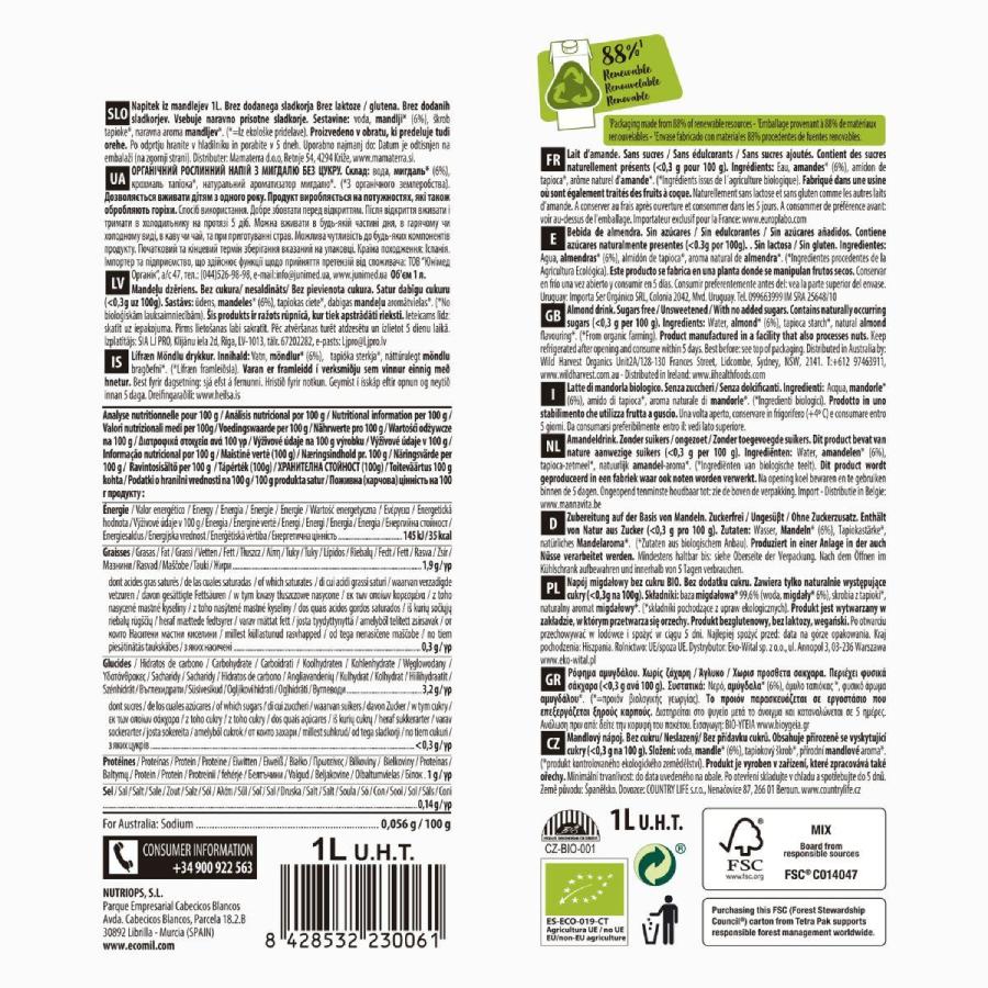 Embalagem de 6 L de bebida de amêndoa sem açúcar BIO Ecomil