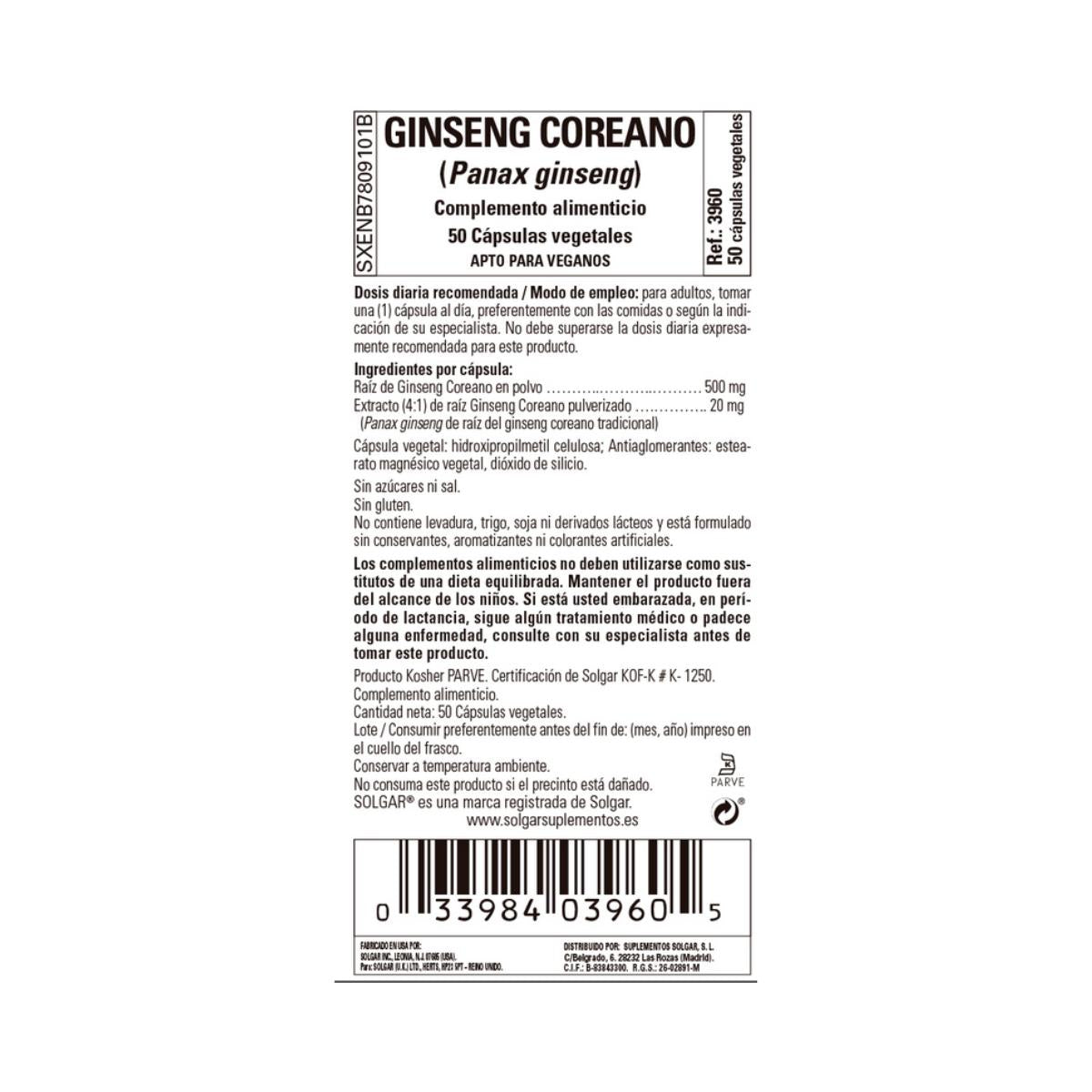 Ginseng Coreano (Panax Ginseng), 50 cápsulas vegetais