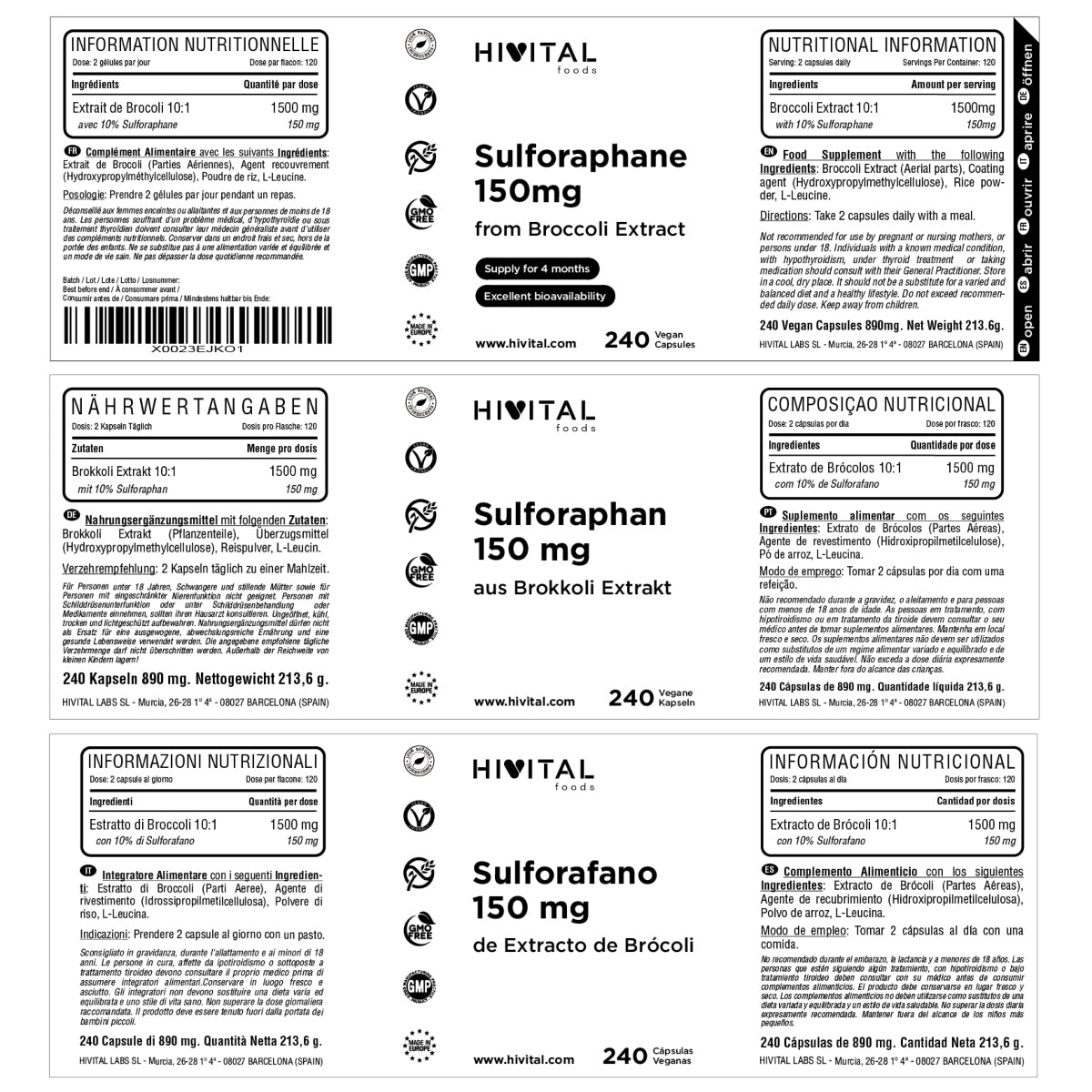 Sulforafano 150 mg Hivital 240 cápsulas vegan