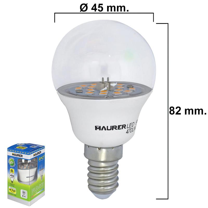 Bombilla Led Esferica Transparente Rosca E14 5 W. 40 W. 470 Lúmenes. Luz Calida. (3000°k)._0