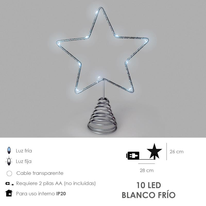 Guirnalda Adorno Luces Navidad Estrella Arbol Navidad Luz Blanco Frio. 10 Leds. Uso Interno Protección Ip20. 2 Baterias Aa