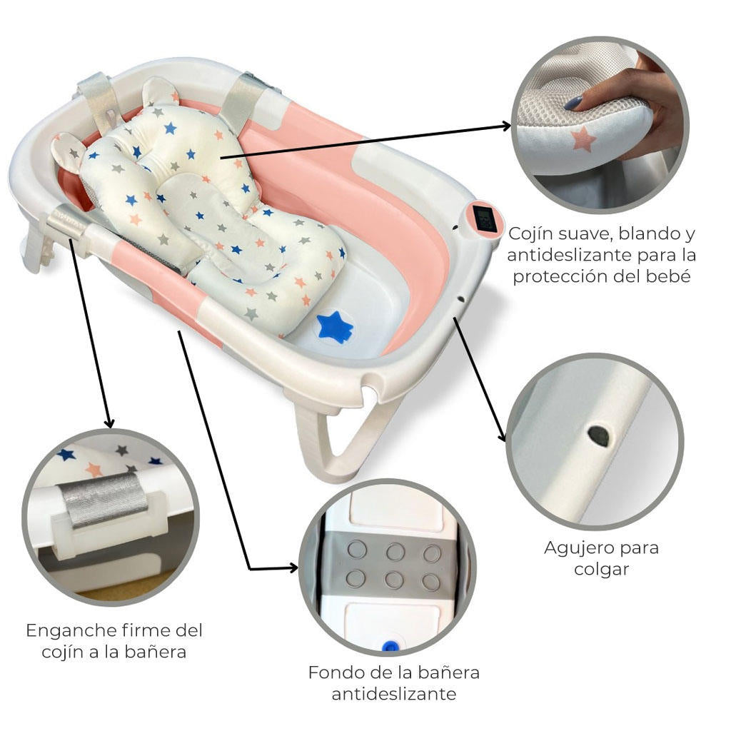 Bathby Bañera Bebé Plegable Con Termómetro, Cojín Antideslizante, Patas Antideslizantes (rosa Oasis)