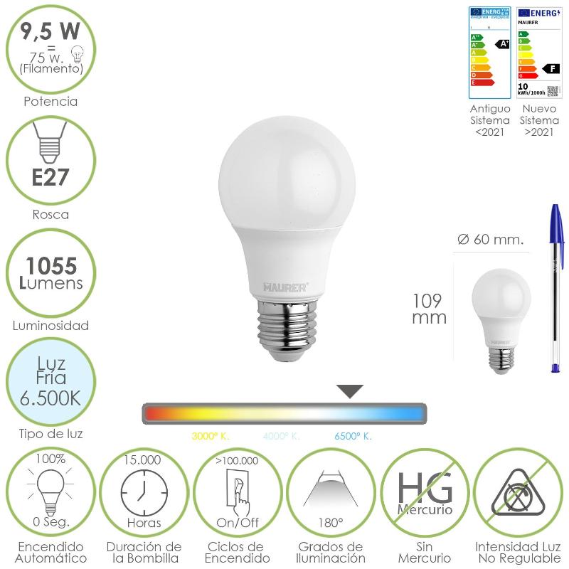 Bombilla Led Estandar Rosca E27. 9.5 Watt. Equivale A 75 Watt. 1055 Lumenes. Luz Fría (6500º K.)