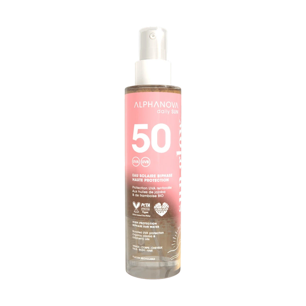 Agua bifásica solar alta protección FPS50 Alphanova 125ml