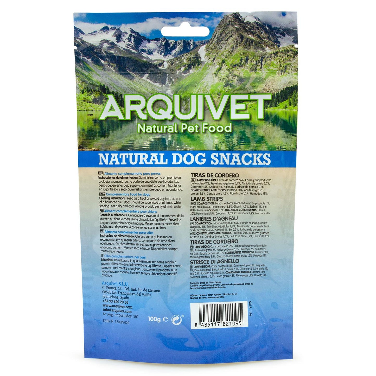 Petisco natural para cães Arquivet tiras de borrego 100 g