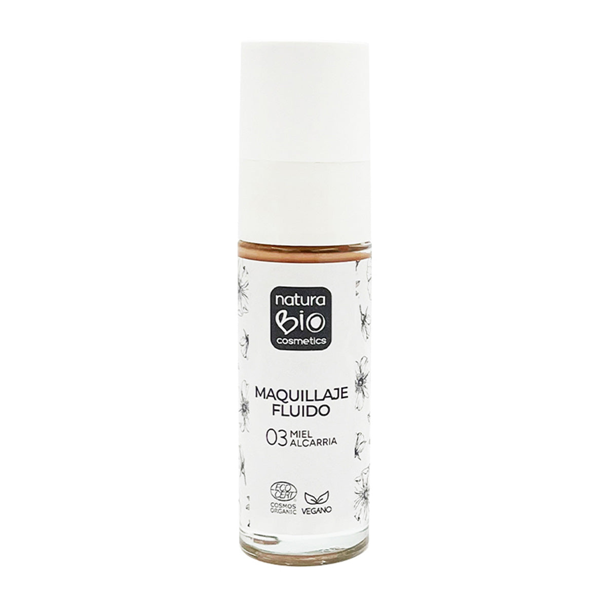 Maquilhagem Fluida 03 Mel de Alcarria, Acabamento Impecável, Com Rosa Mosqueta e Manteiga de Karité, NaturaBio Cosmetics, 30ml
