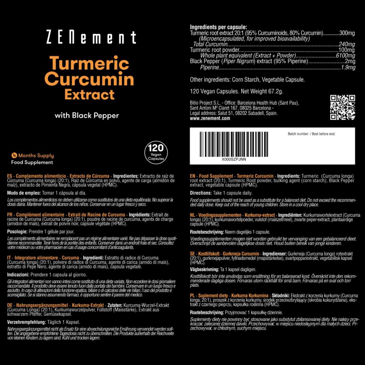 Extrato de curcuma, com pimenta preta, Zenement 120 comprimidos