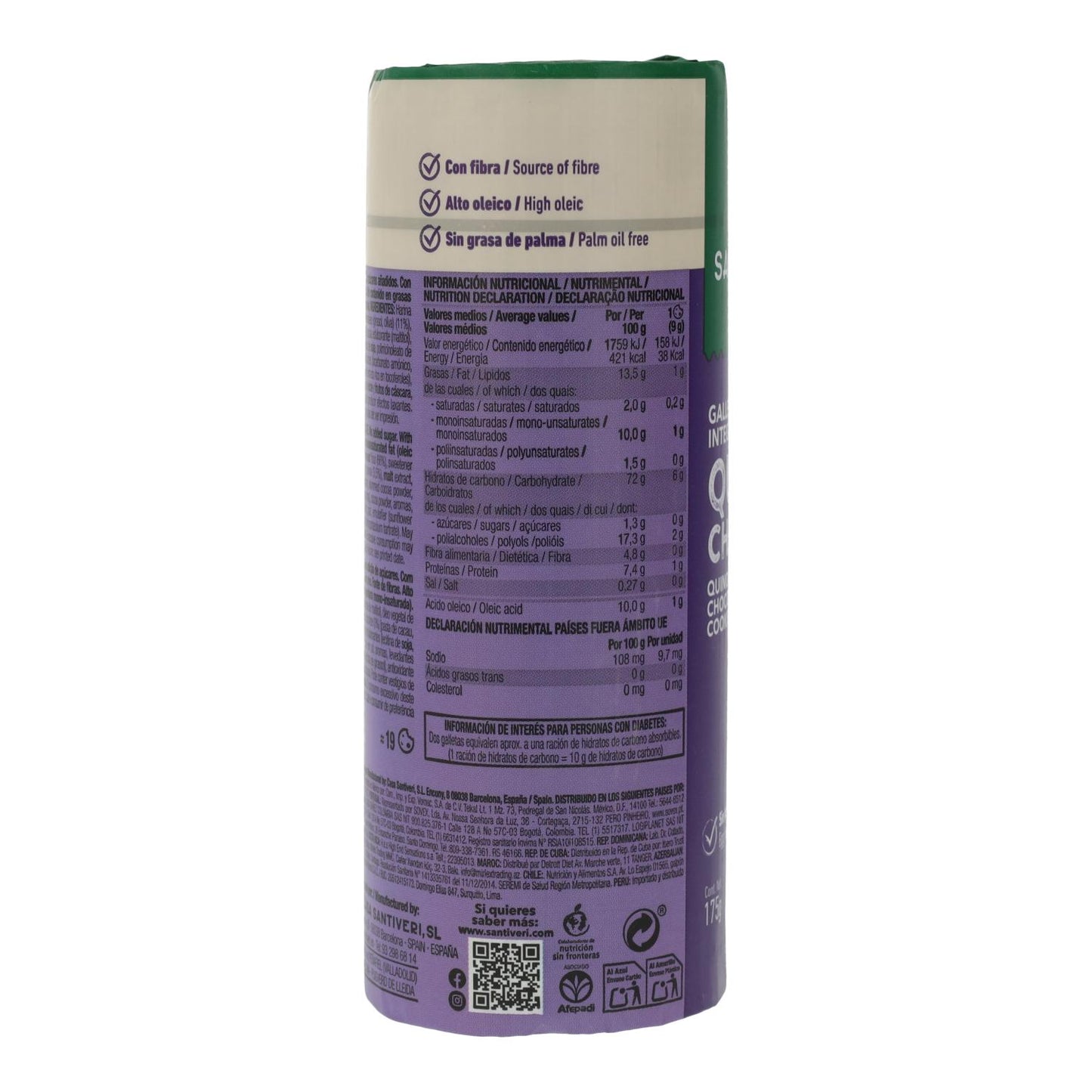 Bolachas integrais de quinoa/chocolate Santiveri 0% açúcares 175 g