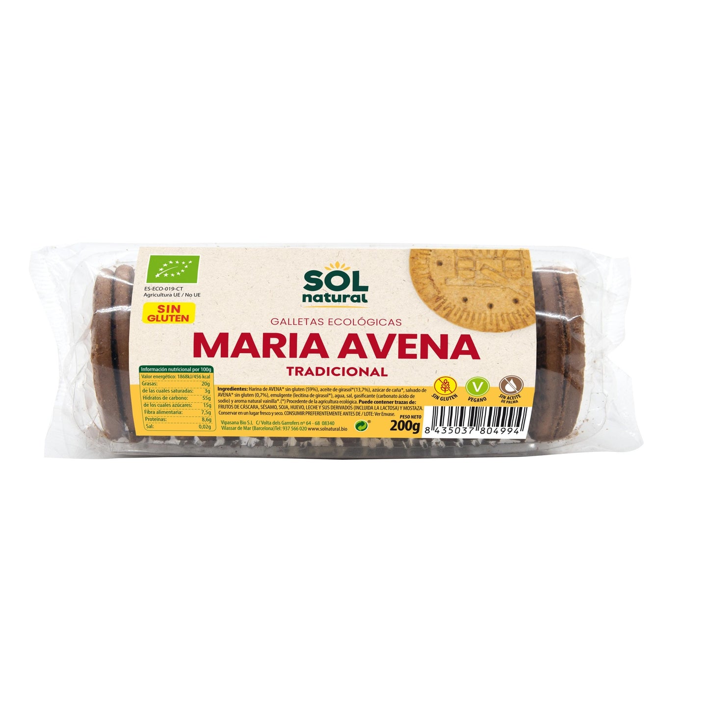 Biscoitos Maria de Aveia Biológicos Sem Glúten Sol Natural 200g