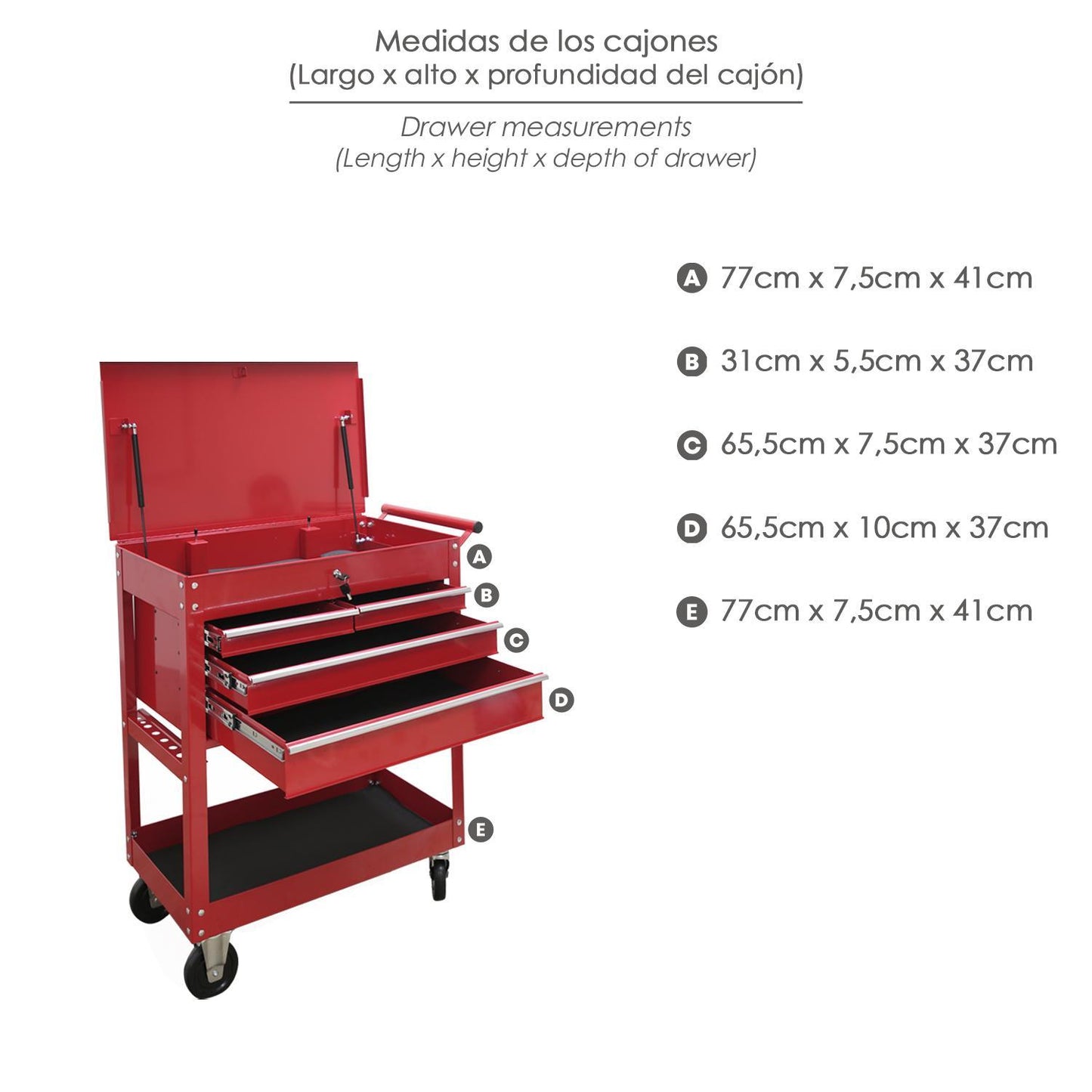 Carro Portaherramientas Metalico 86x44x99 Cm. Con 4 Cajones Y 2 Bandejas_3