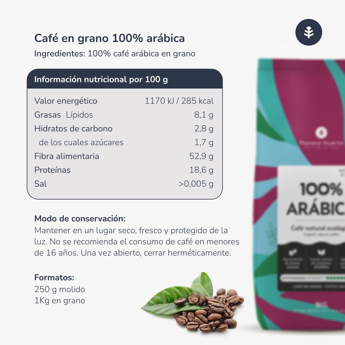 Embalagem com 3 grãos de café ecológico 100% arábica Planeta Huerto 1 kg