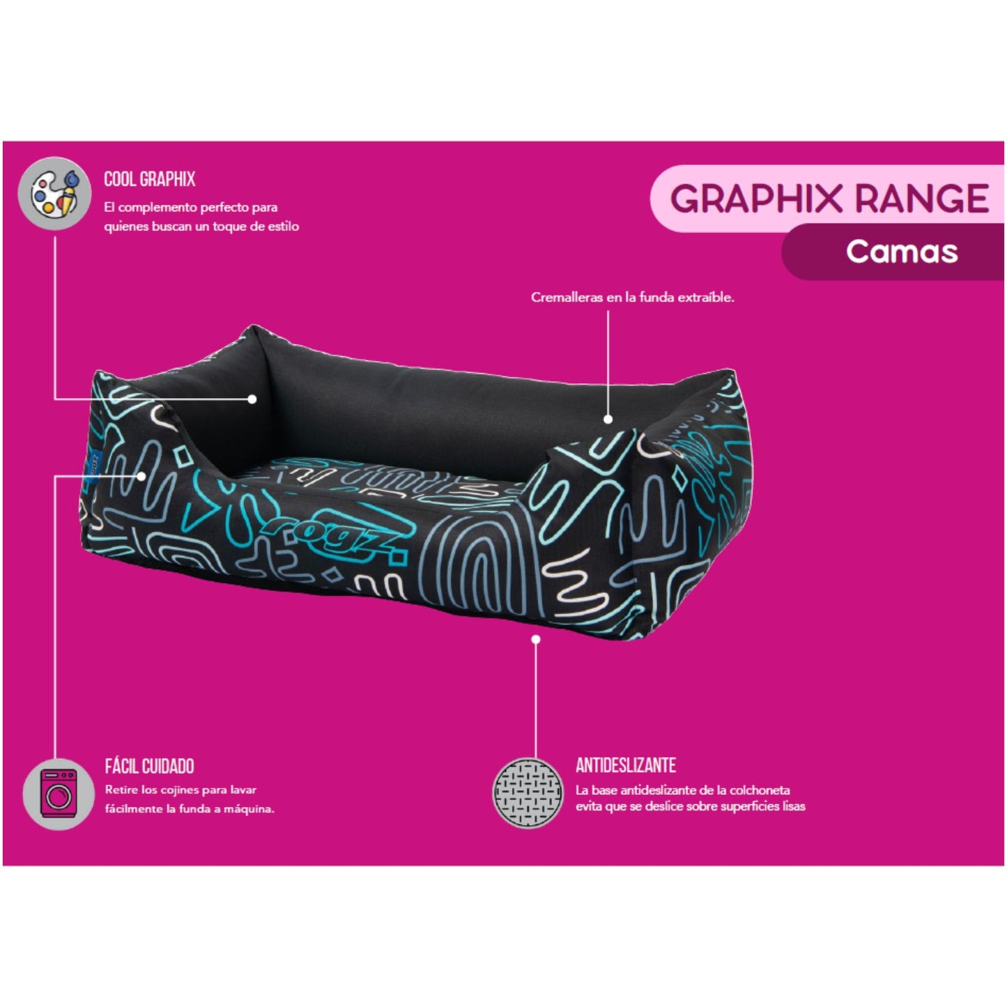 Cama Para Perro Rogz Graphix 90x59x29cm Estampado Doodle Talla L (21-40kg)_1