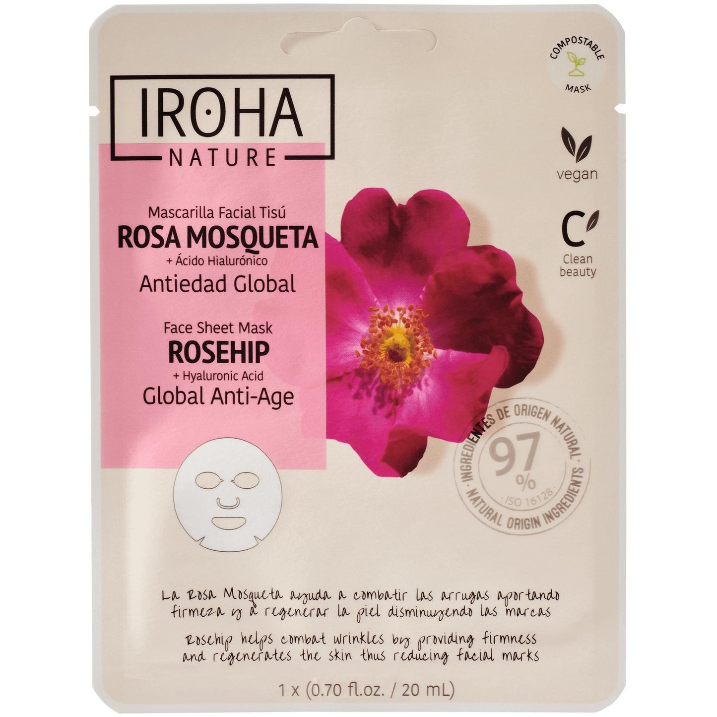 Máscara de tecido antienvelhecimento global de rosa mosqueta Iroha Nature 20 ml