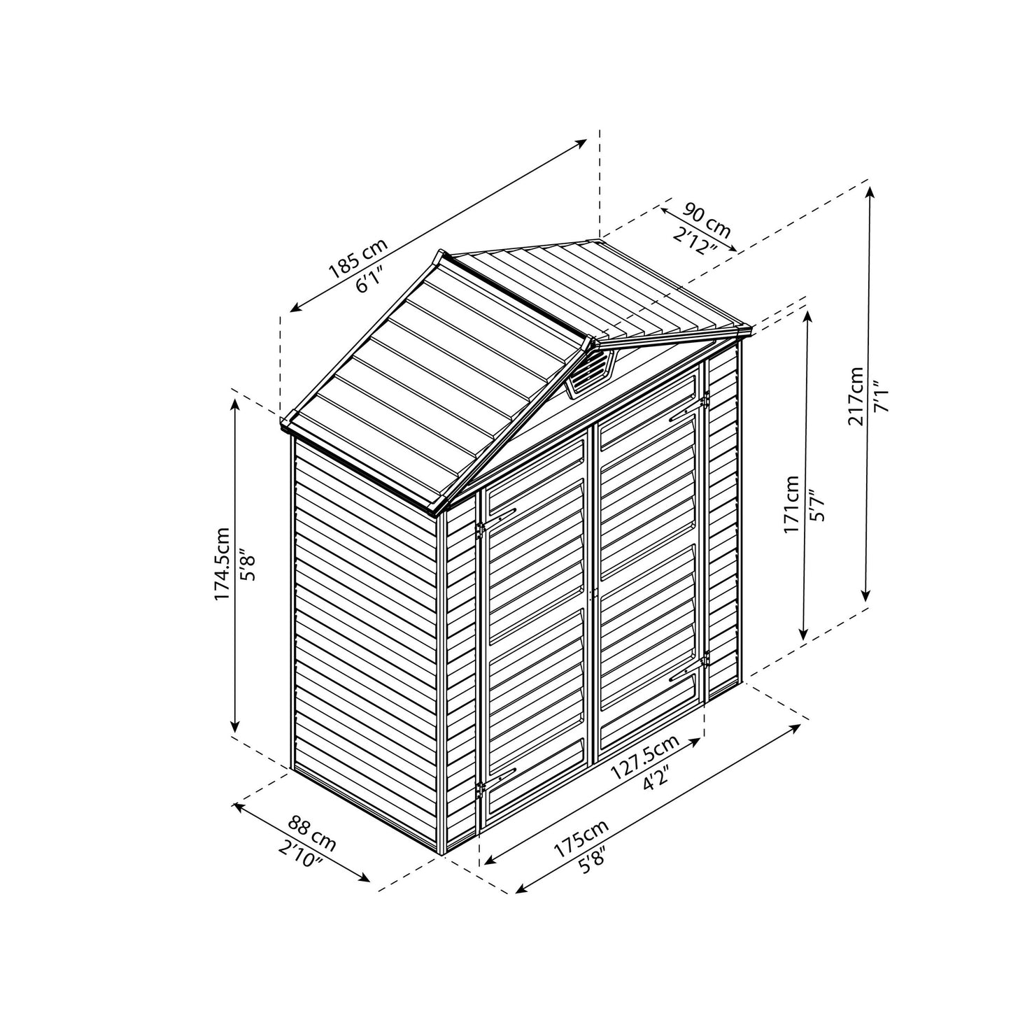 Telheiro de jardim com claraboia 90x185x217 cm âmbar