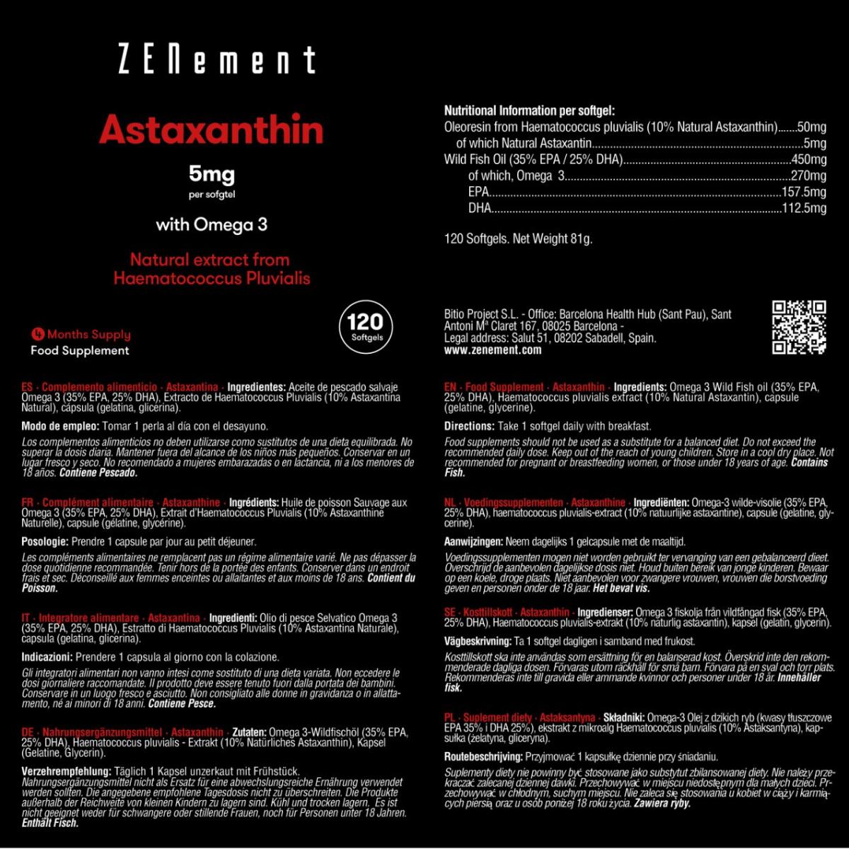 Astaxantina, 5 mg com ómega 3 Zenement, 120 comprimidos