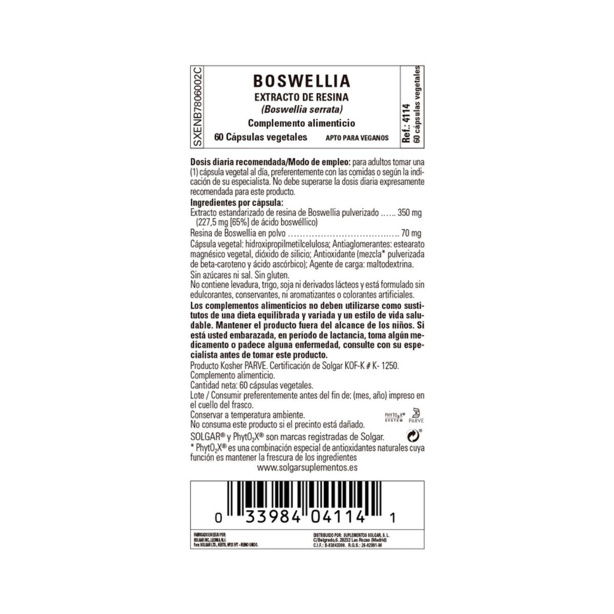 Extrato de Resina Boswellia Solgar 60 cápsulas