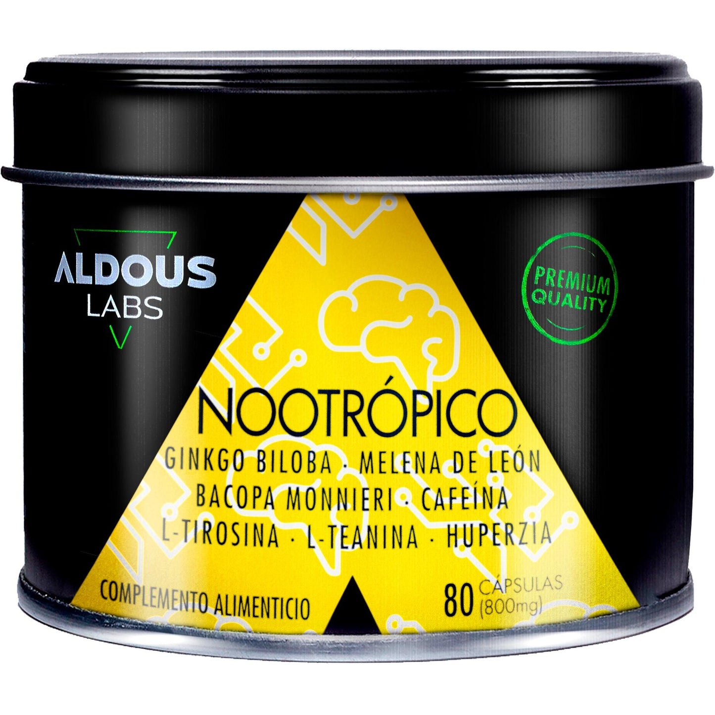 Nootrópico com Ginkgo Biloba, Juba de Leão, Cafeína, Bacopa, Tirosina, Teanina e Huperzina A Aldous 80 cápsulas