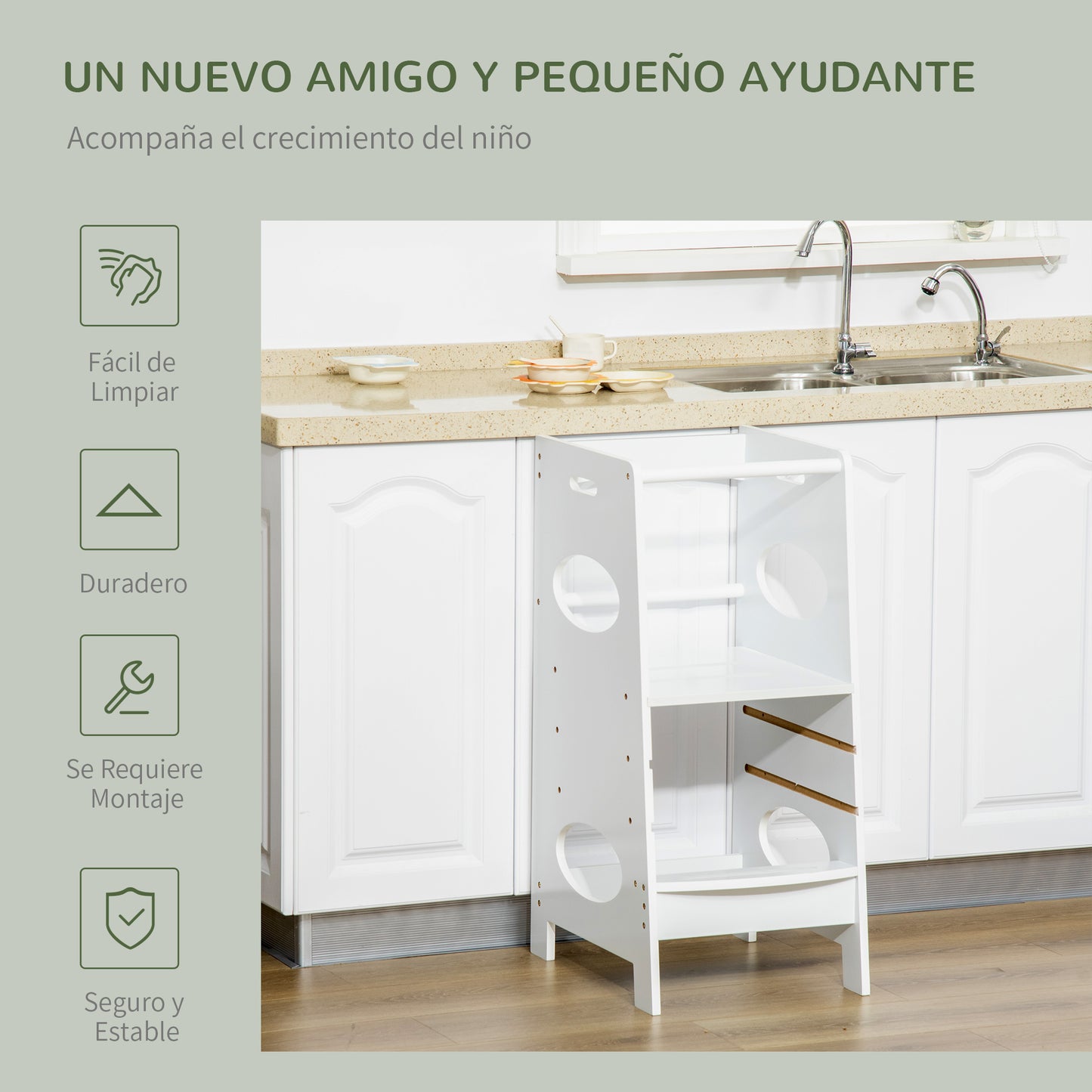 Homcom Torre De Aprendizaje De Madera Para Niños Con Altura Ajustable 40x50x90cm_5