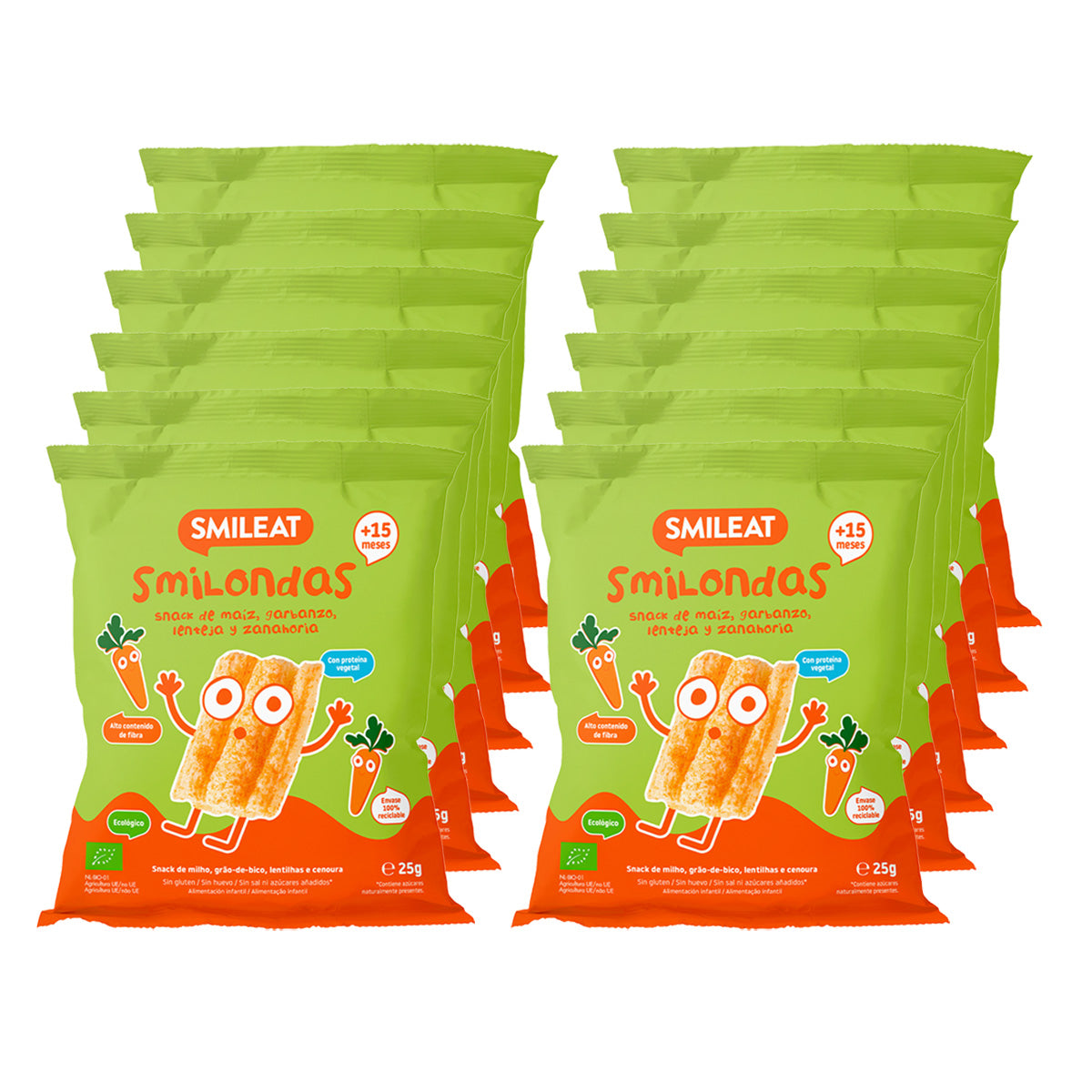 Embalagem de 12 Snacks Smilondas de milho, grão-de-bico, lentilhas e cenoura, Smileat, 25 g