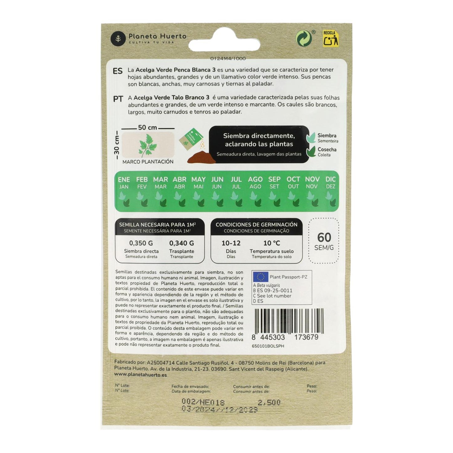 Sementes de acelga verde biológica Planeta Huerto