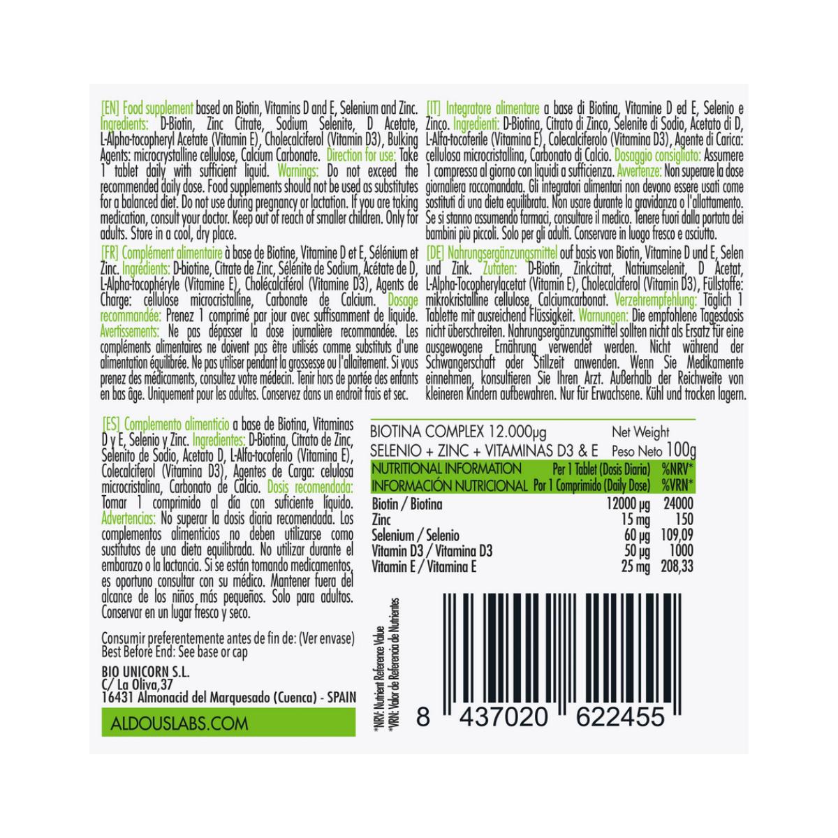 Biotina com Zinco, Selénio, Vitamina D3 e Vitamina E, 400 comprimidos. Aldous Labs