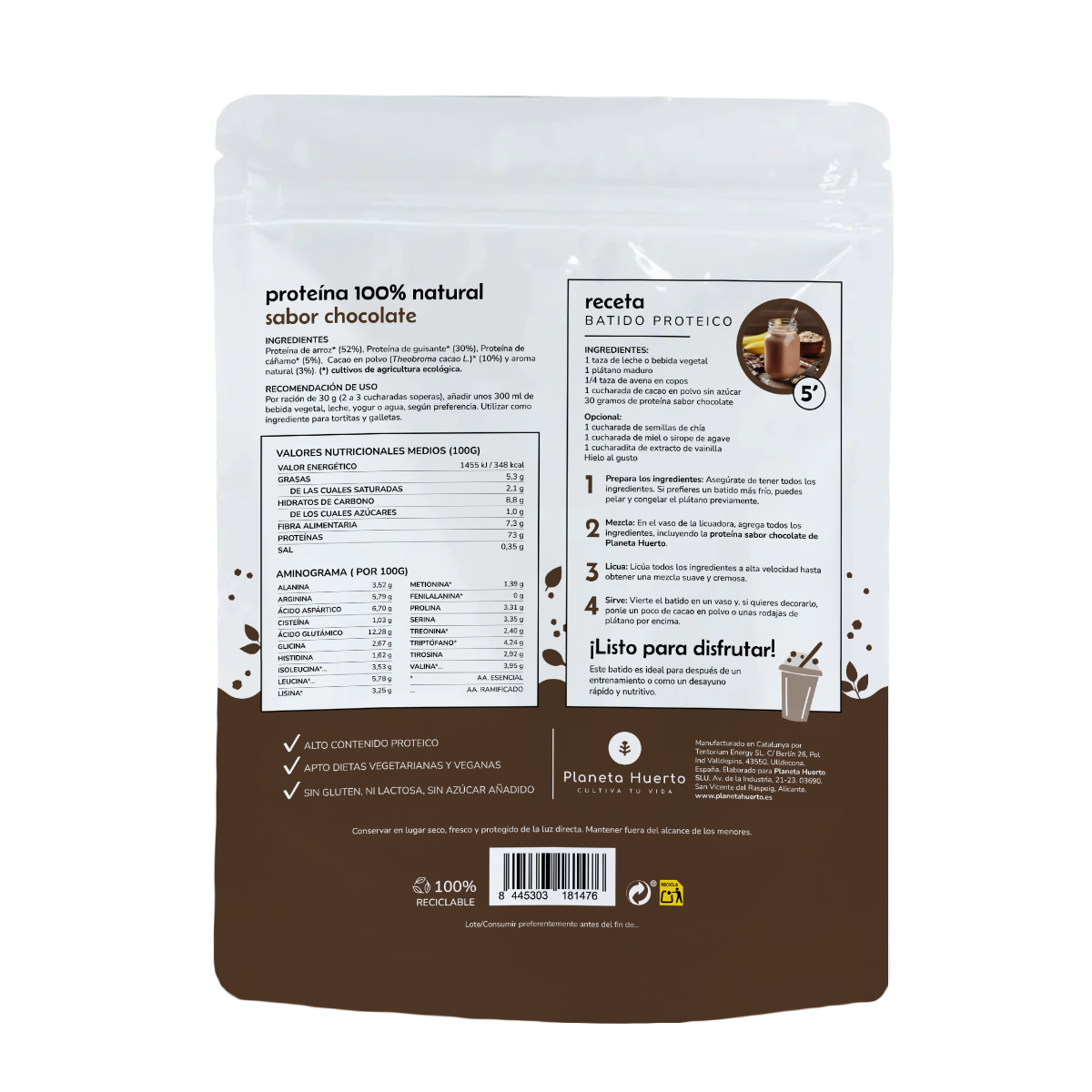 Proteína vegetal biológica 73% Planeta Huerto chocolate 500 g