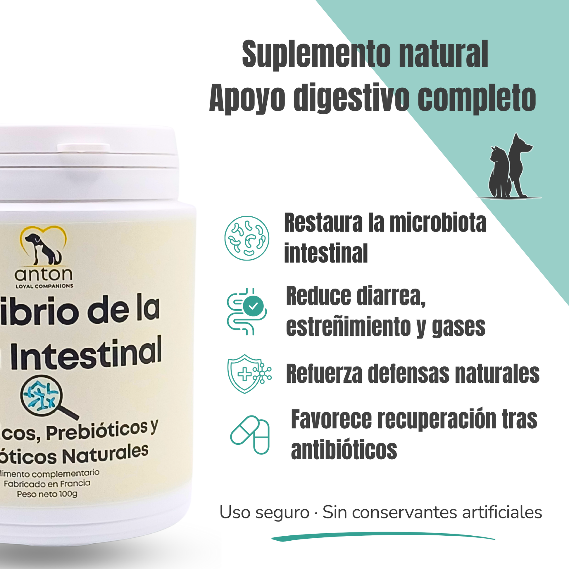 Suplemento natural para perros y gatos – Equilibrio Flora Intestinal Probióticos, Prebióticos y Postbióticos 100 g