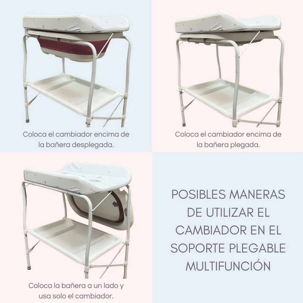 Bathby | Bañera Bebé 5 En 1 Plegable Con Soporte, Cambiador, Bandejas, Desagüe (rosa Standard)