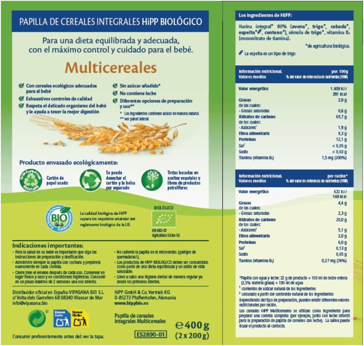 Embalagem x 3 Papas multigrãos orgânicas +6 meses HiPP 400 g