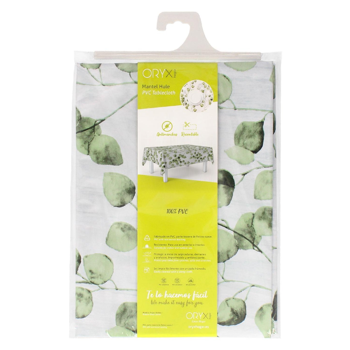 Mantel Hule Rectangular Hojas Verdes Impermeable Antimanchas Pvc 140x250 Cm.  Recortable Uso Interior Y Exterior