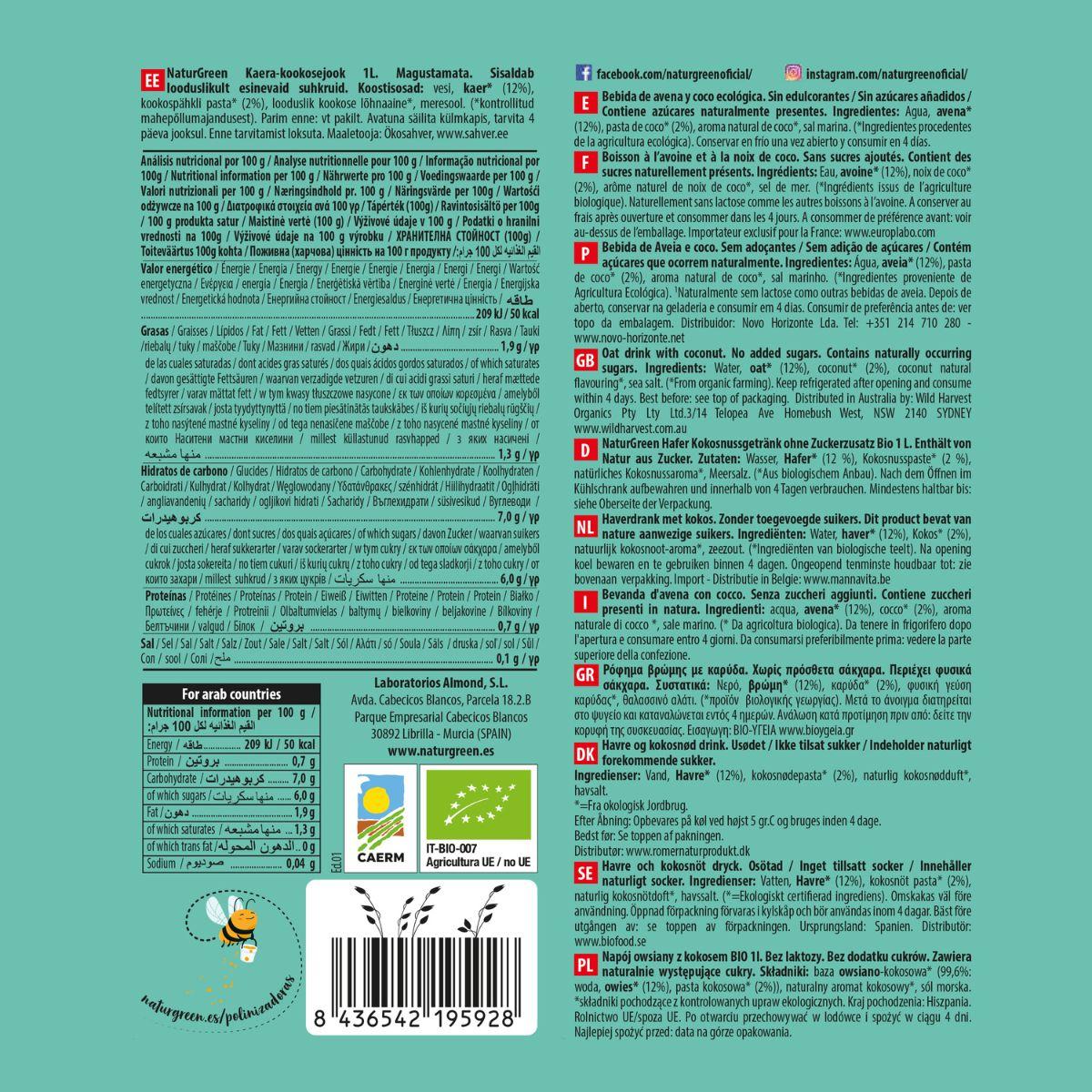 Bebida de Aveia e Coco NaturGreen 1 L