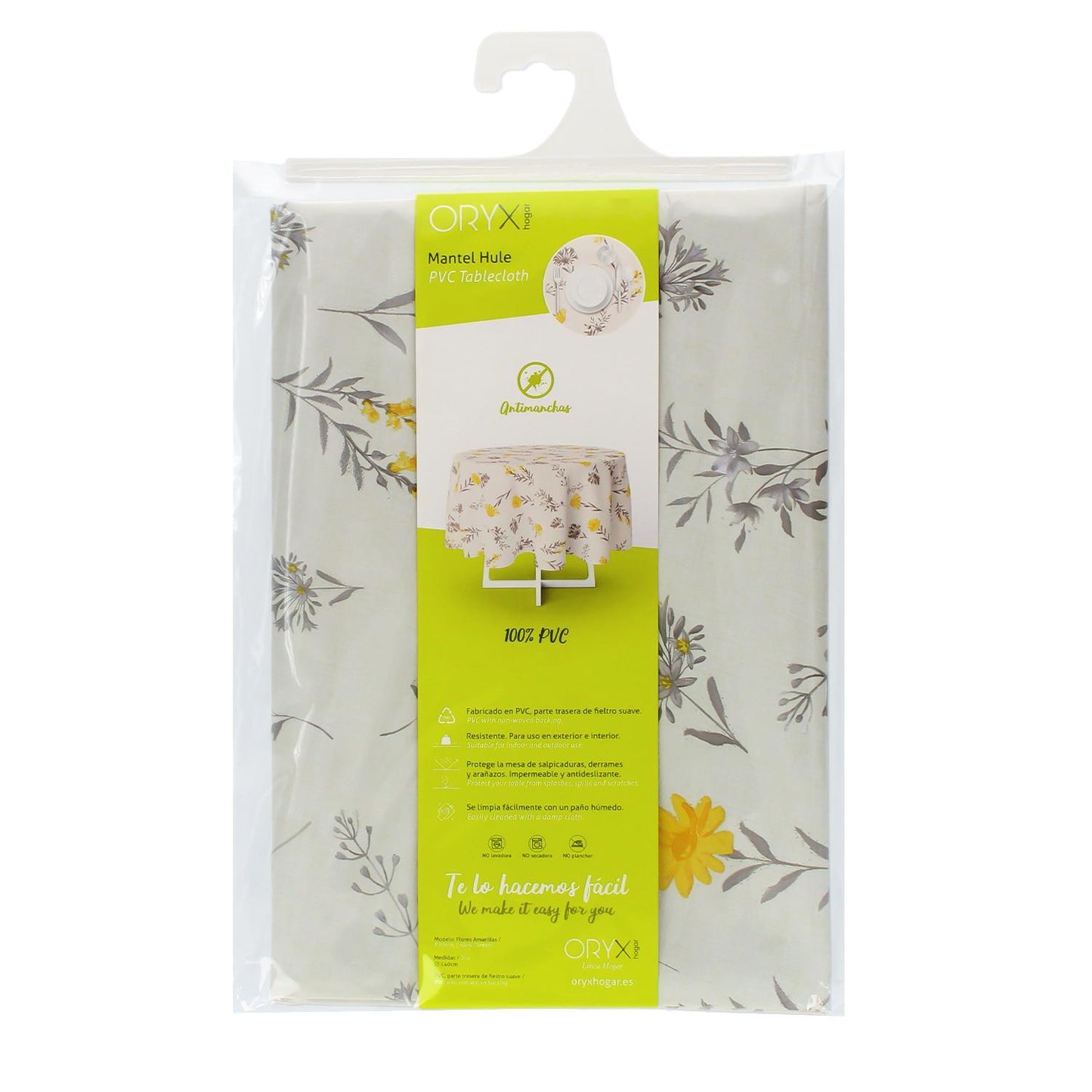 Mantel Hule Redondo Flores Amarillas Impermeable Antimanchas Pvc Ø140 Cm. Uso Interior Y Exterior