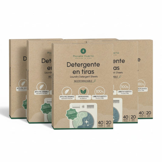 Embalagem de 5 Eco-Strips para detergente e amaciador Planeta Huerto 40 lavagens