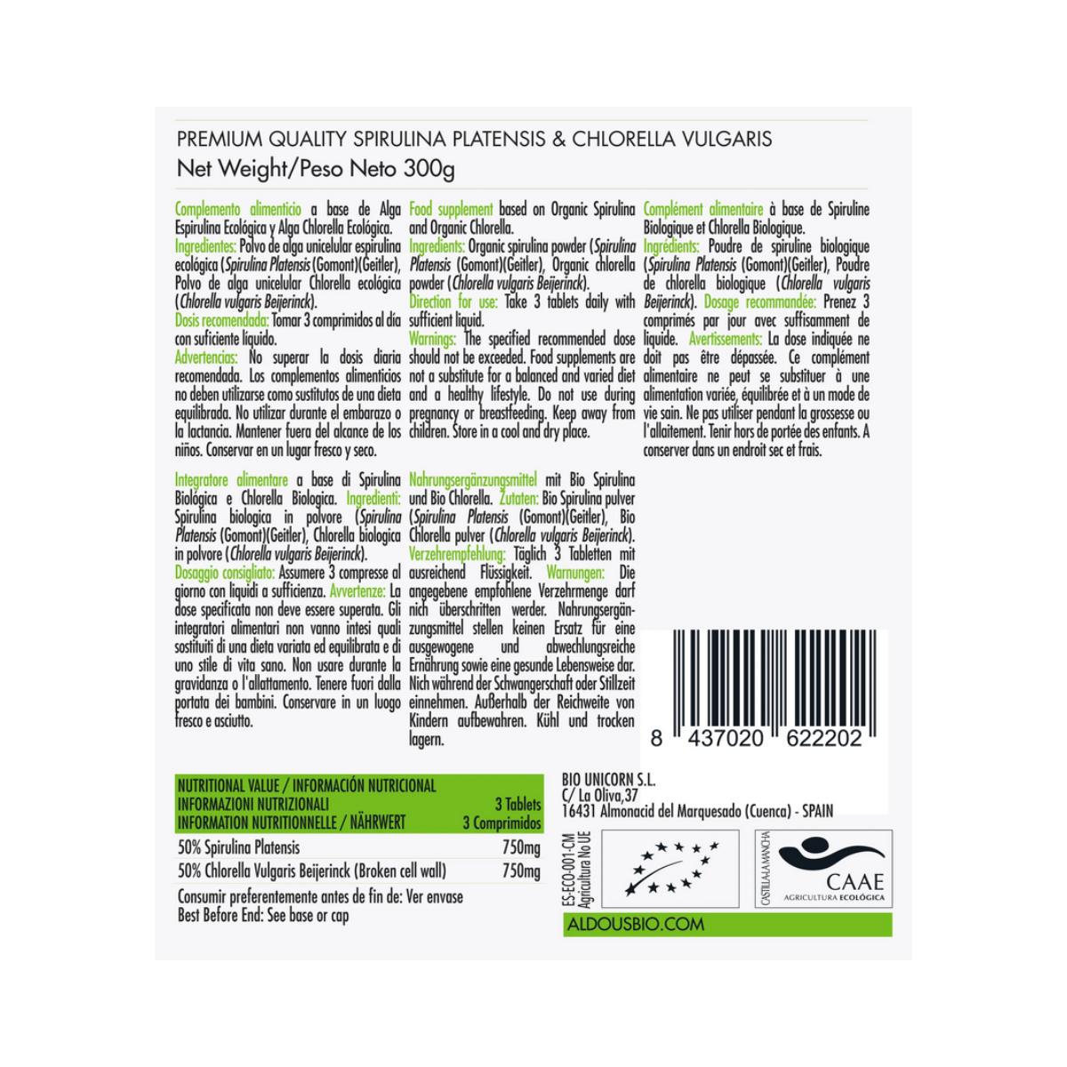 Mistura orgânica de spirulina e clorela, 600 comprimidos. Aldous Bio